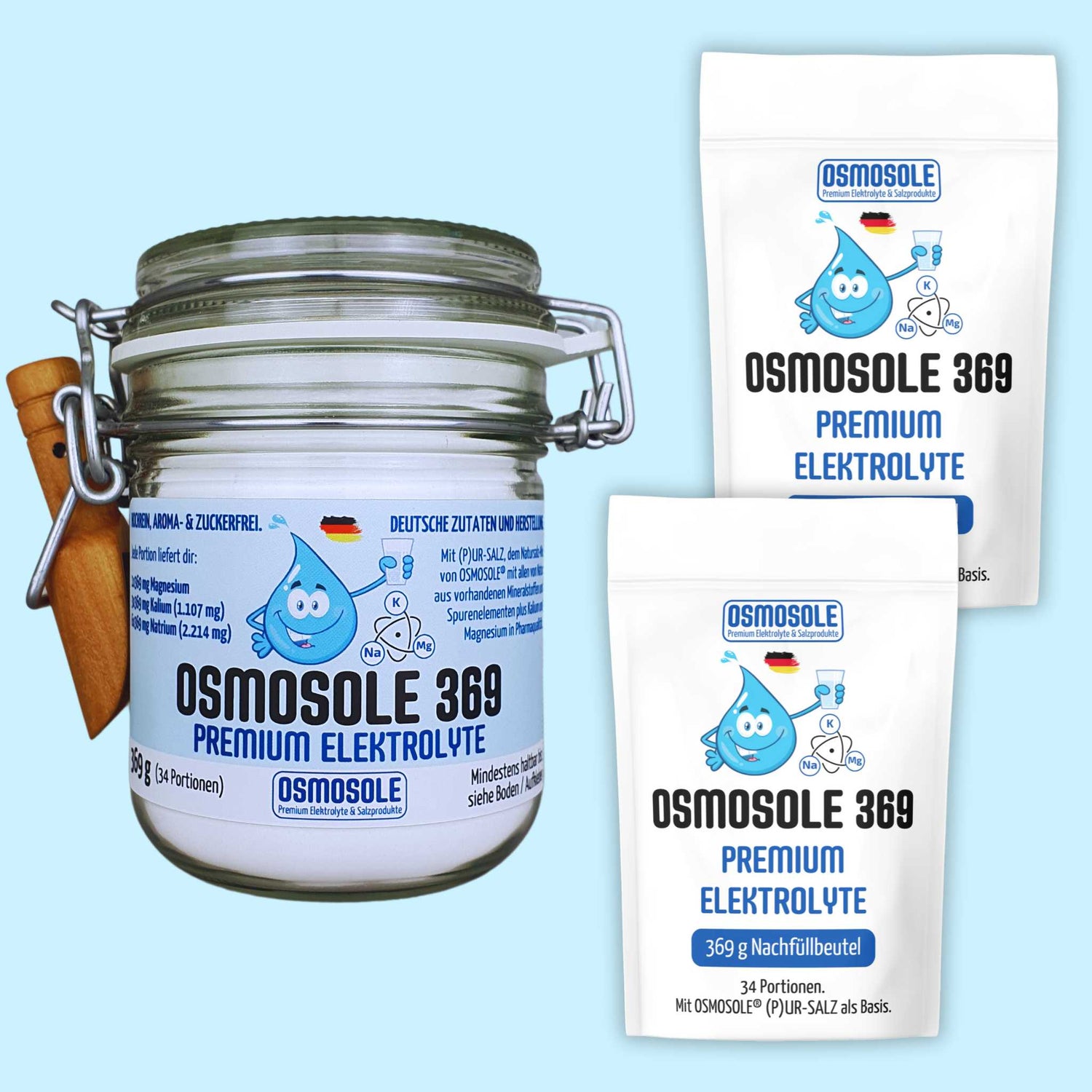 Das Foto zeigt ein OSMOSOLE 369 Starterglas sowie 2 Nachfüllbeutel.