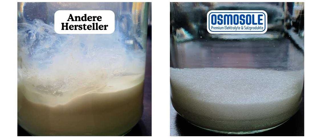 Das Foto zeigt den Qualitätsvergleich am Beispiel Kalium. Links Kalium in Lebensmittelqualität anderer Hersteller und rechts unser hochreines Kalium in Pharmaqualität ohne Trennmittel.