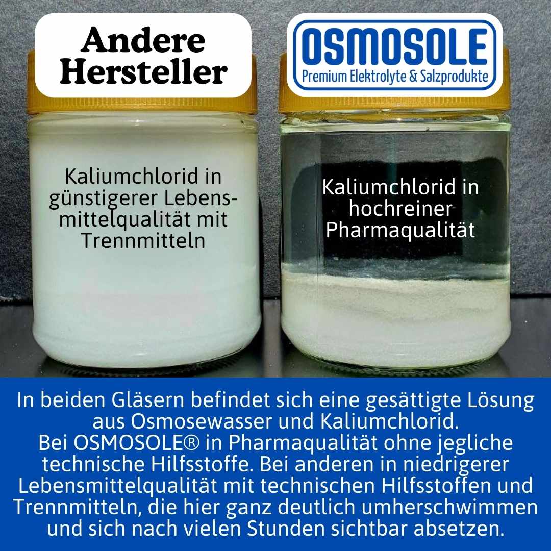 Das Foto zeigt das trübe Trennmittel bei anderen Herstellern und auf der anderen Seite die Klarheit und Reinheit unseres Kaliums in Pharmaqualität ohne jegliche Zusatzstoffe.