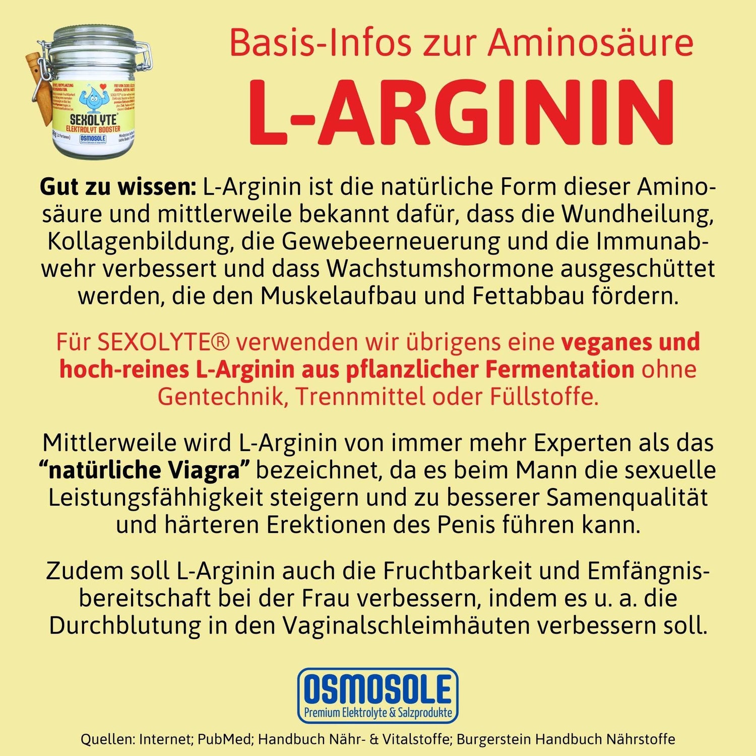 Gut zu wissen: L-Arginin ist die natürliche Form dieser Aminosäure und mittlerweile bekannt dafür, dass die Wundheilung, Kollagenbildung, die Gewebeerneuerung und die Immunab-wehr verbessert und dass Wachstumshormone ausgeschüttet werden, die den Muskelaufbau und Fettabbau fördern.
Für SEXOLYTE® verwenden wir übrigens eine veganes und hochreines L-Arginin aus pflanzlicher Fermentation ohne Gentechnik, Trennmittel oder Füllstoffe.
