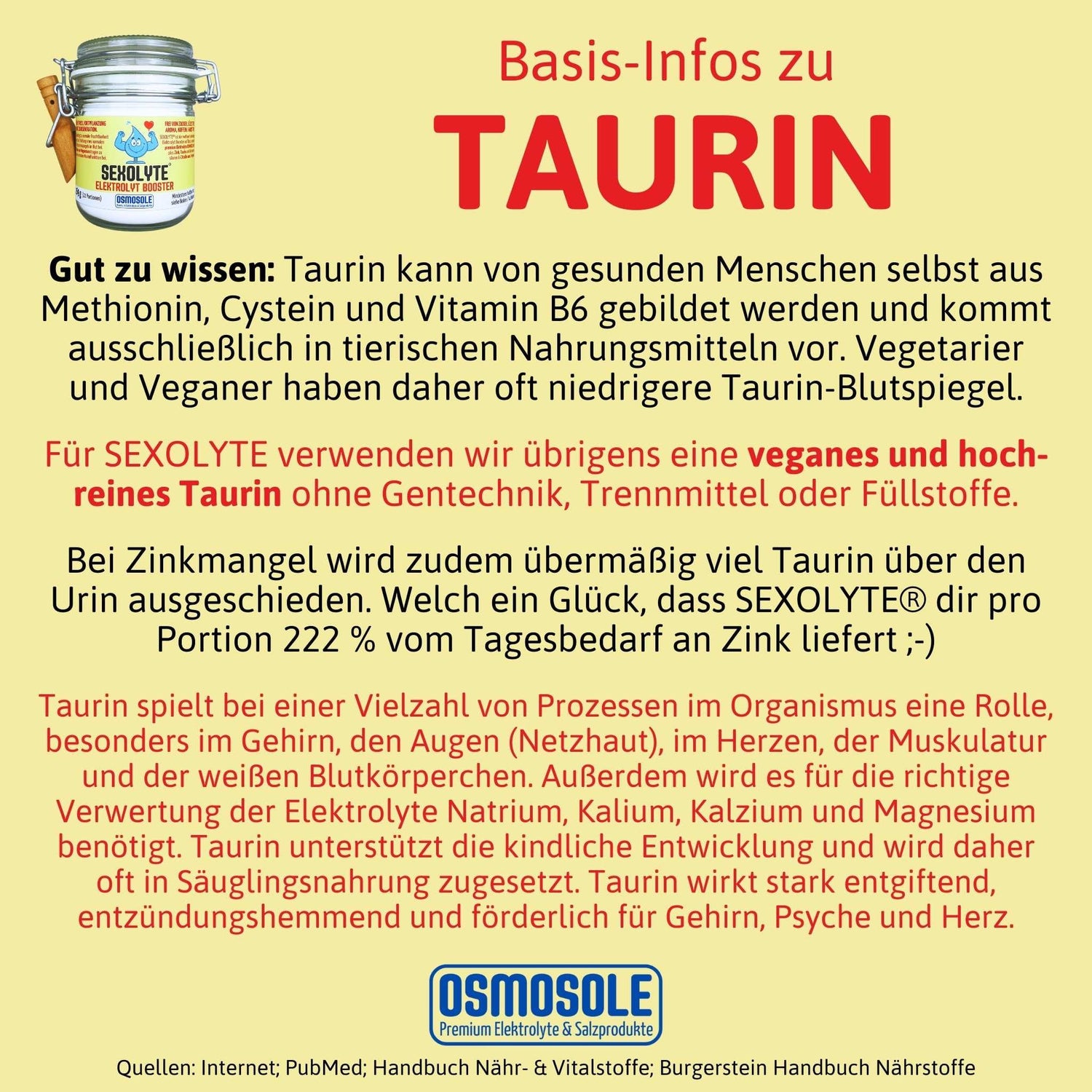 Gut zu wissen: Taurin kann von gesunden Menschen selbst aus Methionin, Cystein und Vitamin B6 gebildet werden und kommt ausschließlich in tierischen Nahrungsmitteln vor. Vegetarier und Veganer haben daher oft niedrigere Taurin-Blutspiegel.
Für SEXOLYTE verwenden wir übrigens eine veganes und hochreines Taurin ohne Gentechnik, Trennmittel oder Füllstoffe.
Bei Zinkmangel wird zudem übermäßig viel Taurin über den Urin ausgeschieden. Welch ein Glück, dass SEXOLYTE® dir pro Portion 222 % vom Tagesbedarf Zink
