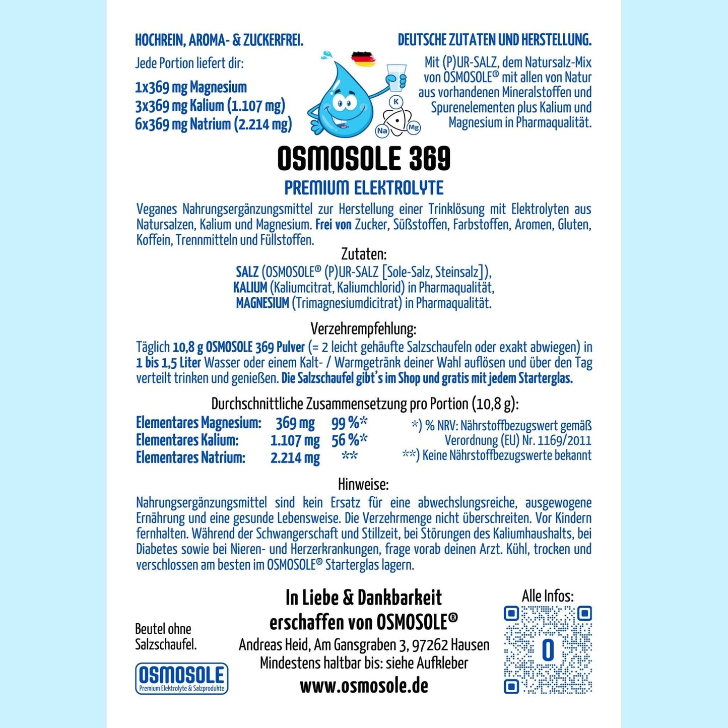 OSMOSOLE 369 Premium Elektrolyte im Nachfüllbeutel - Etikett Rückseite