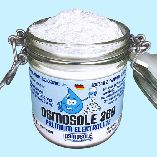 OSMOSOLE 369 Premium Elektrolyte im Starterglas. Deckel geöffnet. Pulver sichtbar.