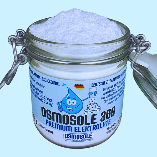 OSMOSOLE 369 Premium Elektrolyte im Starterglas. Deckel geöffnet. Pulver sichtbar.