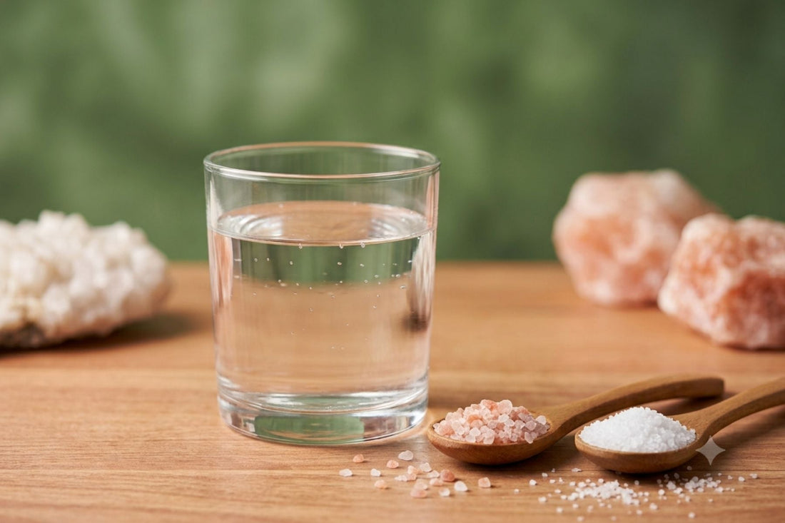 Bild mit einem Glas Wasser und zwei Löffeln mit pinkem und weißem Salz.