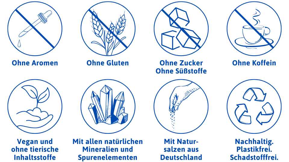 Das Bild zeigt, dass unsere Produkte ohne Aromen, Gluten, Zucker, Süßstoffe, Koffein, Plastik oder Schadstoffe sind sowie vegan und mit Natursalzen aus Deutschland mit allen von Natur aus vorhandenen Mineralien und Spurenelementen.