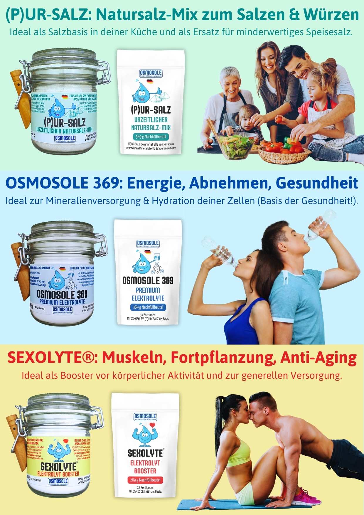 Übersicht der 3 OSMOSOLE Produkte (P)UR-SALZ für die Küche sowie die Elektrolytmischungen OSMOSOLE 369 und SEXOLYTE zur Herstellung eines Getränks.