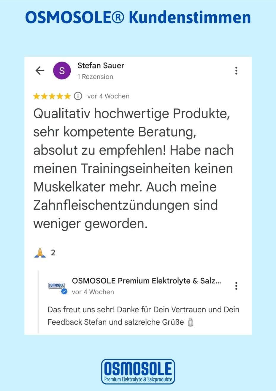 Bewertung: Qualitativ hochwertige Produkte, sehr kompetente Beratung, absolut zu empfehlen! Habe nach meinen Trainingseinheiten keinen Muskelkater mehr. Auch meine Zahnfleischentzündungen sind weniger geworden.
