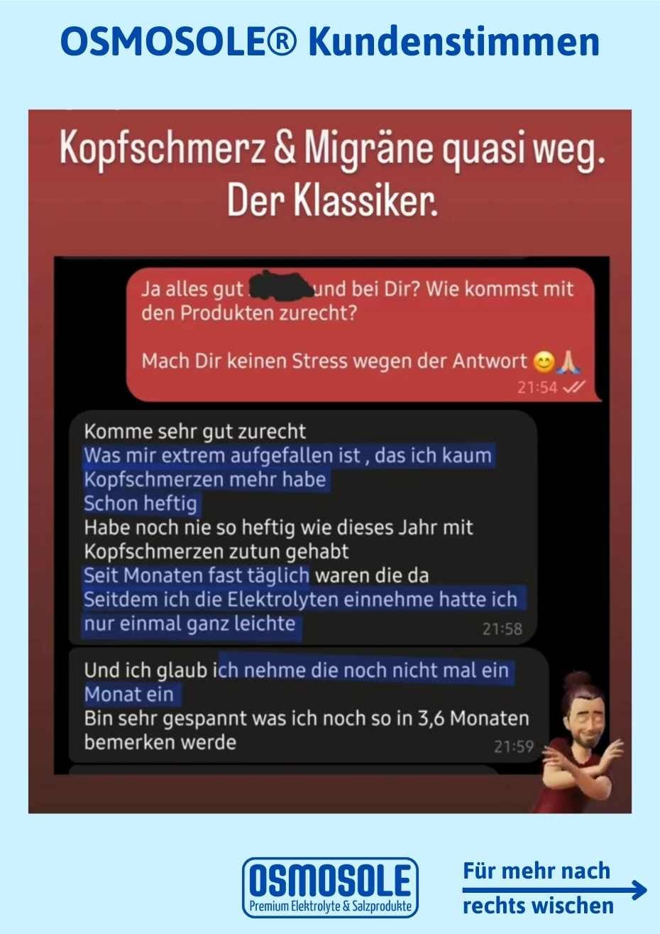 Bewertung: Komme sehr gut zurecht! Was mir extrem aufgefallen ist, dass ich kaum Kopfschmerzen mehr habe. Schon heftig!

Habe noch nie so heftig wie dieses Jahr mit Kopfschmerzen zu tun gehabt. Seit Monaten fast täglich waren die da. Seit dem ich die Elektrolyte einnehme, hatte ich nur ein Mal ganz leichte.
Ich ich glaube ich nehme die noch nicht mal einen Monat ein. Bin sehr gespannt, was ich noch so in 3, 6 Monaten bemerken werden.