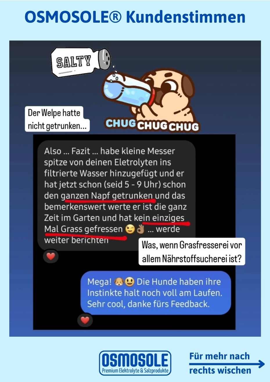 Bewertung: (für Hunde) Also... Fazit... habe eine kleine Messerspitze von den Elektrolyten (Hundemischung) ins filtrierte Wasser hinzugefügt und er hat jetzt schon (seit 5-9 Uhr) den ganzen Napf getrunken und das Bemerkenswerte: er ist die ganze Zeit im Garten und hat kein einziges Mal Gras gegfressen.