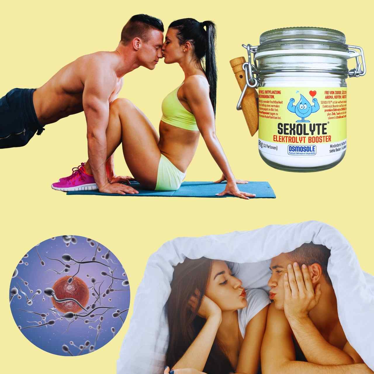 Das Foto zeigt oben ein Paar beim Sport und ein Glas SEXOLYTE und unten unser Maskottchen sowie ein Paar unter der Bettdecke.