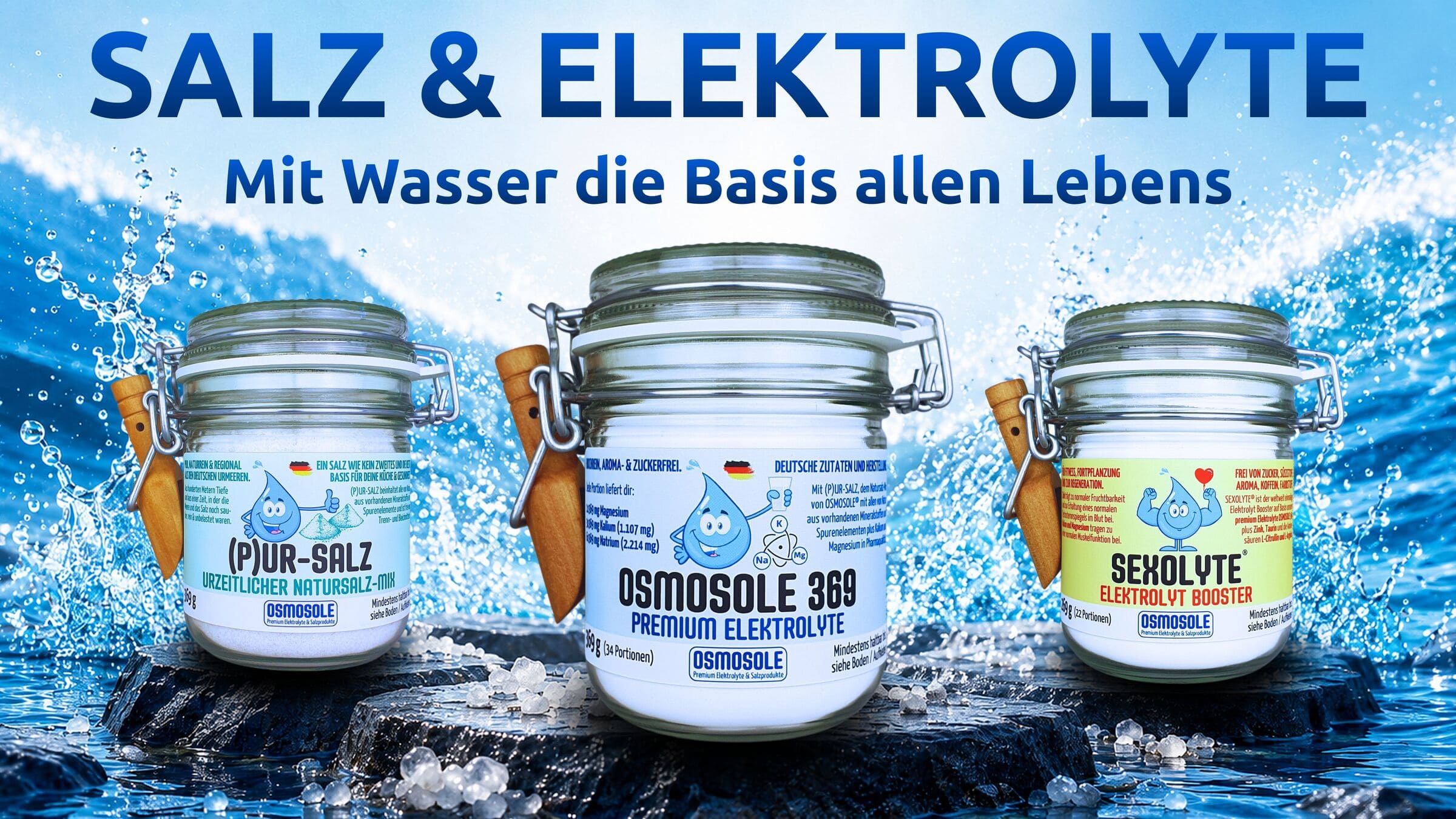 Titelbild mit allen 3 OSMOSOLE Startergläsern und Meerwasser im Hintergrund