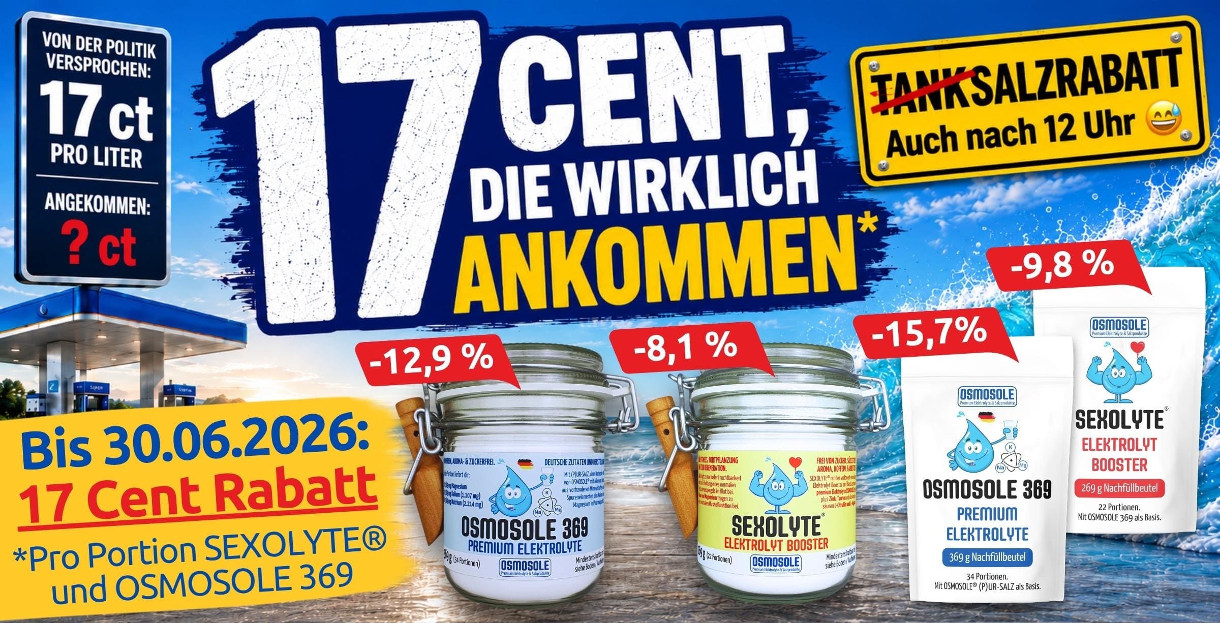 Titelbild mit Visualisierung des Salzrabatts von 17 Cent pro Portion OSMOSOLE 369 und SEXOLYTE bis 30.06.2026
