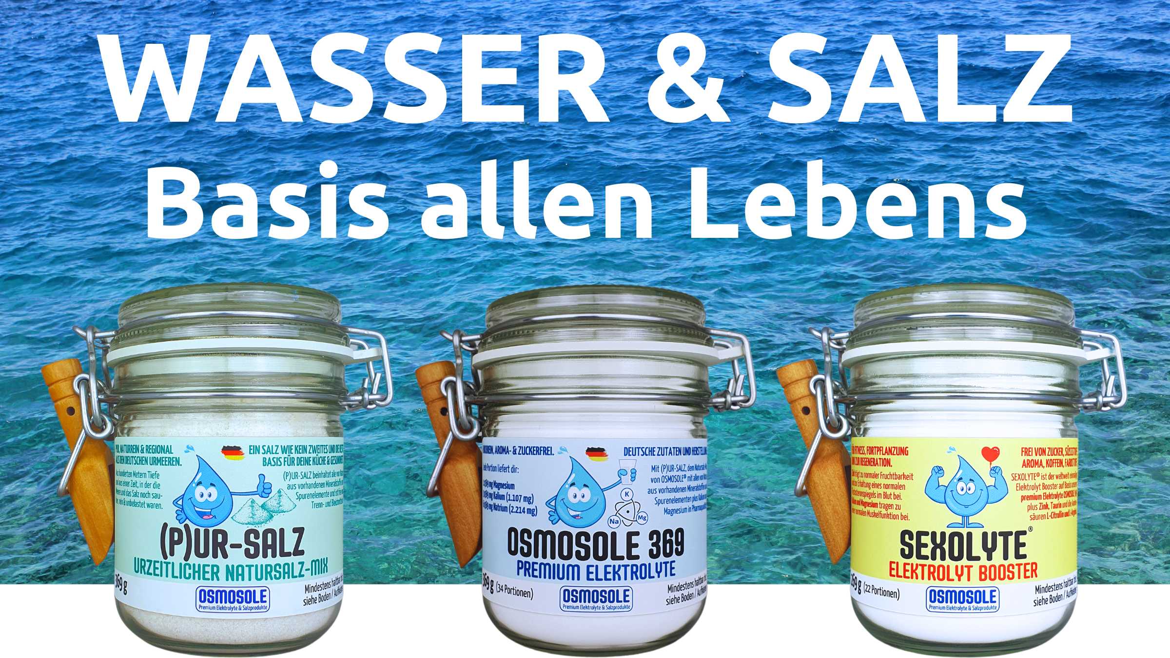 Titelbild mit allen 3 Startergläsern und Meerwasser im Hintergrund