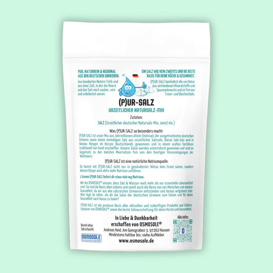 Das Bild zeigt die Rückseite des (P)UR-SALZ Nachfüllbeutels.